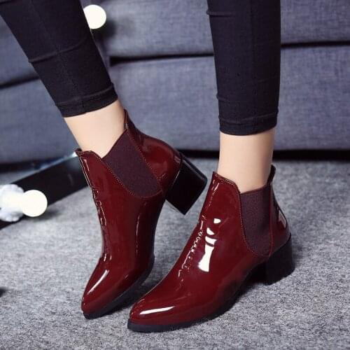 2020 New Arrival Fashion Shoes Women Boots Elasticated Patent Leather Ankle Boots Pointed Low Heel Boots Sexy Shoes