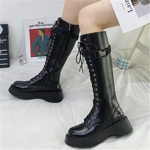 Autumn Leather Women Knee High Boots Fashion Riding Knight Sneakers Buckle Lace Up Military Combat Motorcycle Long Boots 35-40