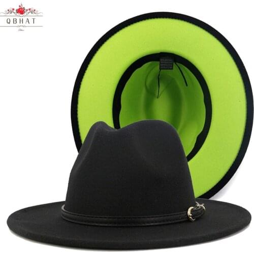 QBHAT Women Men Patchwork Artificial Wool Felt Fedora Hats with Belt Buckle Double-Sided Color Flat Brim Jazz Panama Cap