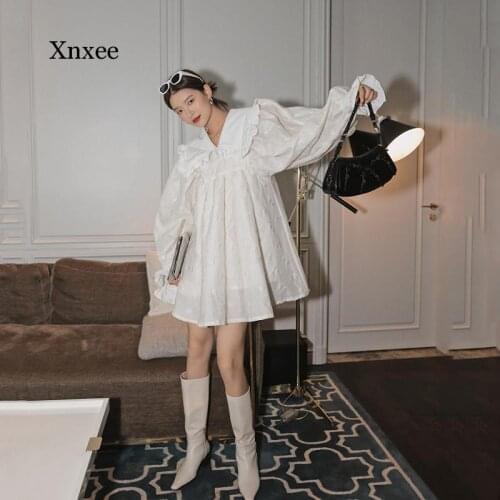 Autumn Peter Pan Collar A-Line Above-Knee Length Street Wear Lovely Princess Style Long Sleeve White Dress