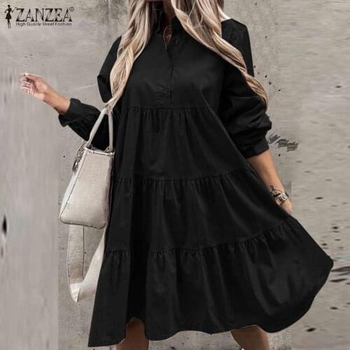 ZANZEA Women Elegant Long Sleeve Solid Shirt Dress Femme Autumn Fashion Sundress Robe Buttons Vestidos Ruffles Casual Dresses