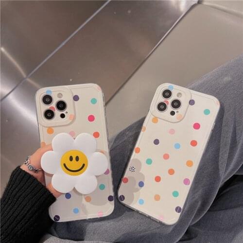 Simple Korean Style Polka Dot Pattern Phone Case For iPhone 12 mini 11 pro Max XS Max X XS 7 8 Plus Soft Shell With Flower Stand
