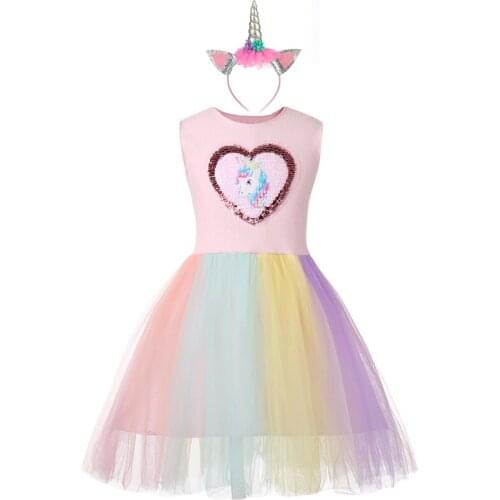 Rainbow Unicorn Costume Kids Clothes Girls Elegant Cute Summer Sleeveless Princess Dress Mesh Vestidos for Christmas Party