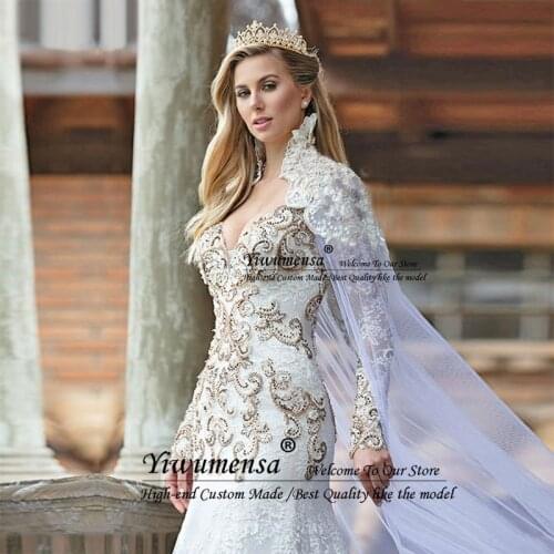 Mermaid Luxury Wedding Dresses Gold Beading Crystal Plus Size Bridal Gowns Elegant Long Sleeves Bride Dress Vestidos De Noiva