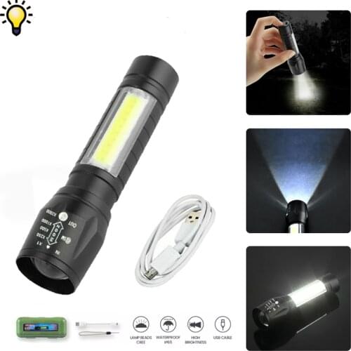 LED 4 Modes USB Rechargeable T6 Flashlight COB High Brightness Energy Efficiency Emergency Light Cycling Hiking Camping Lamp