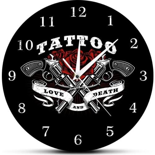 Vintage Tattoo Logo Pritned Wall Clock Love And Death Rose And Tattoo Guns Clock Tattoo Studio Gothic Style Art Tattooist Gift