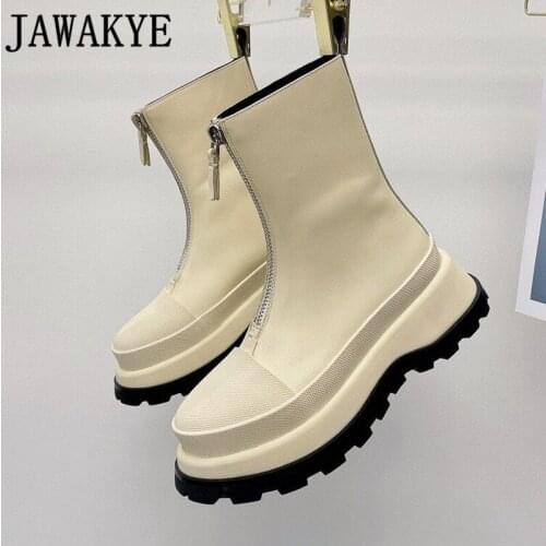 Winter New Fashion Motorcycle Boots Women Beige Beige Front Zipper Design Thick Sole Platform Ankle Boots botas Mujer 2021