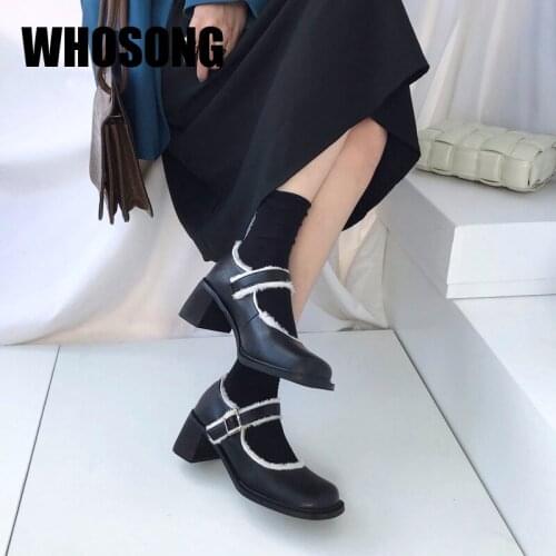 2021 Spring Women Fur Shoes Girls Slip On Platform Shoes Woman Brand Thick Heels Ladies Round Toe Shoes Female Casual Shoes New