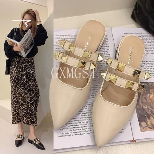 Studded Ribbon Pointed Toe Flat Shoes Ladies Slippers Rock Style Comfortable and Luxury Brand Design, Spring 2021