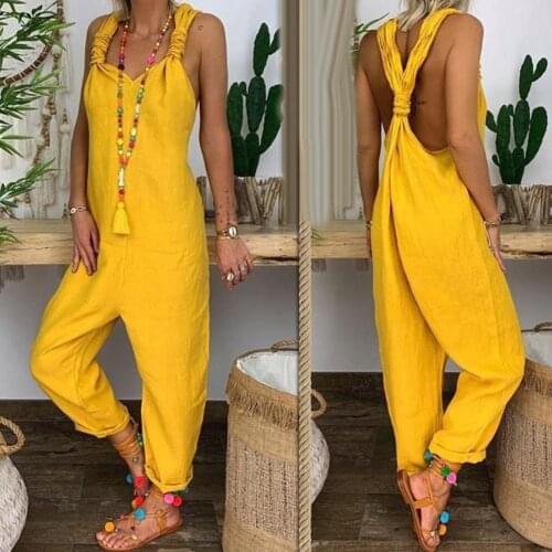 Women Solid Color Bib Overall Sleeveless Backless Knotted Jumpsuit coarse cloth Loose Party Long Overalls Rompers Jumpsuits