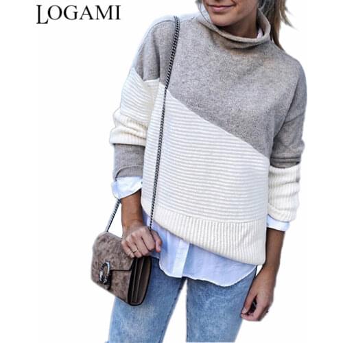 LOGAMI Irregular Contrast Color Casual Women Sweaters Autumn Winter Long Sleeve Jumpers Ladies Sweater New