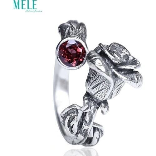 Natural Garnet Rose Ring for Women Chinese Retro Classical Style Silver 925 Jewelry Adjustable Stereoscopic Engraving Glitterin