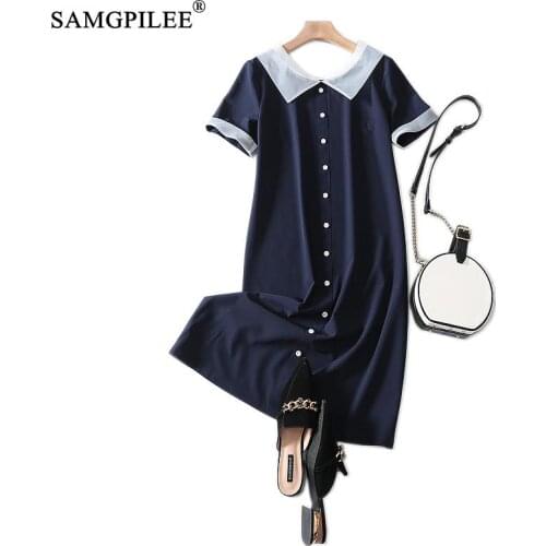 Plus Size Women Dresses 2020 Office Lady Summer Dress Womens A-line Solid Short Sleeve Peter Pan Collar Dresses For Women 4XL
