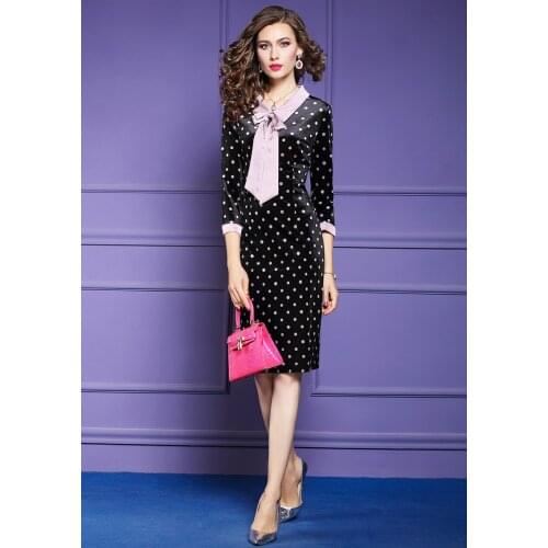 ZUOMAN Autumn Women Elegant Dot Velvet Dress Female Bow Designer Office Lady Pencil Robe Femme Ladies Party Vestidos Plus Size