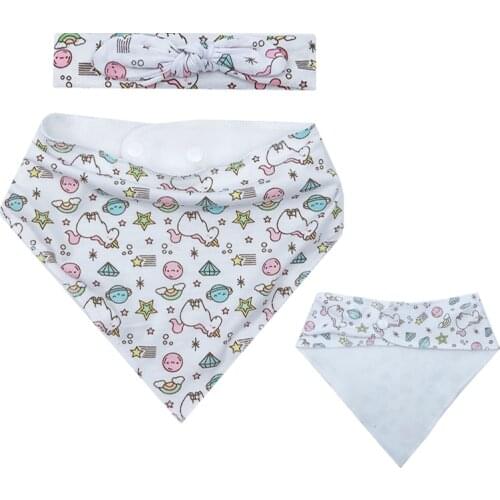 2pcs/Set Baby Bibs Triangle Double Cotton Bibs + Headband Print Saliva Towel Baby Boys Girls Feeding Apron Cotton Bandana Bibs