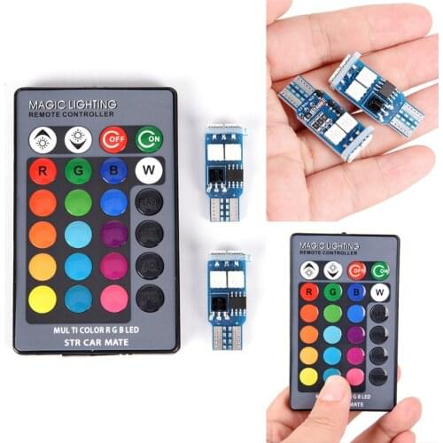 2 X T10 RGB 6 SMD 5050 LED Car Auto Wedge Side Light Width Light Interior Reading Lamp Bulb With Remote Control