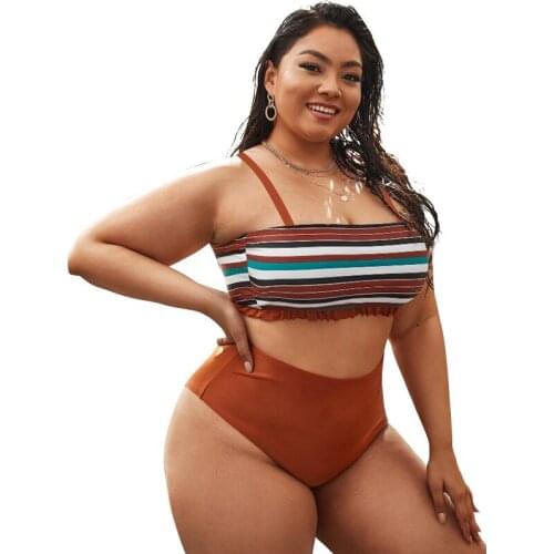 2021 New High Waist Fattening Plus Size Swimwear Plump Girls Color Stripes Swimsuit Women Tube Top Retro Bikini Swimwear