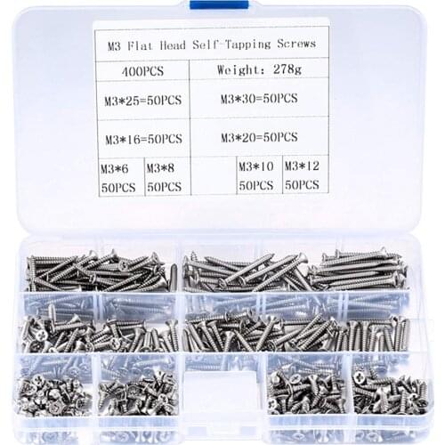 400pcs/box M3 Cross Flat Head Self Tapping Screw Assortment Kit Wood Thread Nail Screw Sets DIY Countersunk Head Smal Scres