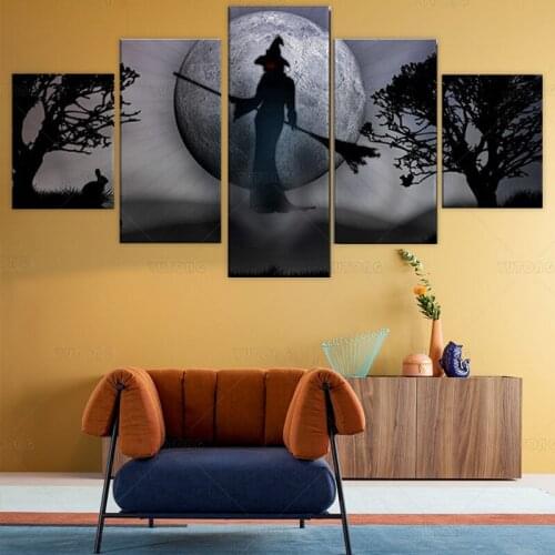 5 Panel Witch Sorceress Halloween Festival Wall Art Picture Home Decoration Living Room Canvas Print Painting Canvas Art