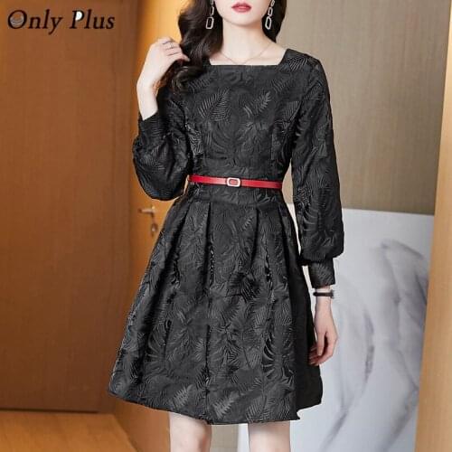 Only Plus Black Elegant Jacquard Dress With Belt Square Collar Slim Women Autumn Winter 2021 Lantern Sleeve New A-line Vestidos