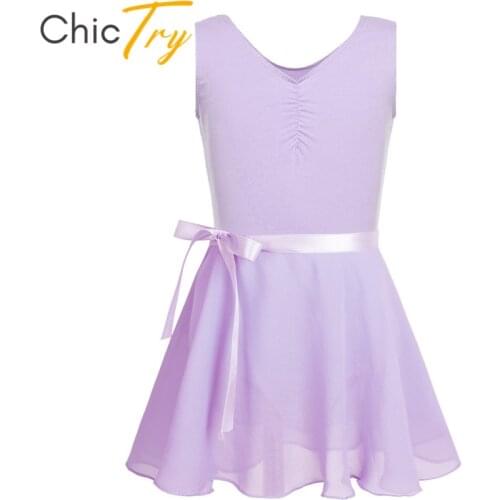ChicTry Kids Teens Sleeveless Ballet Gymnastics Leotard with Ballet Tutu Chiffon Skirt Set Children Girls Two-piece Dance Wear
