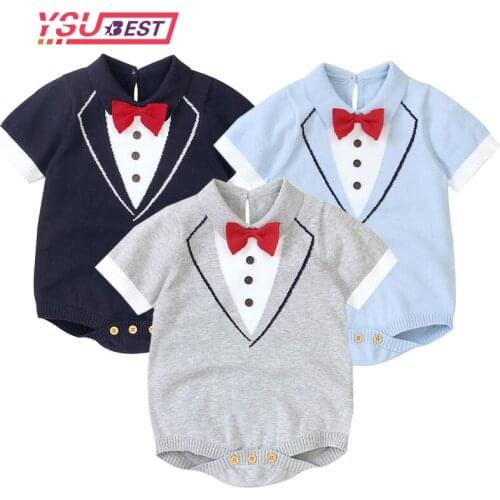 Baby Rompers Boys Summer Short Sleeve Jumpsuits Sunsuit Fashion Turn-Down Neck Knitted Newborn Infant Overalls One Piece Clothes