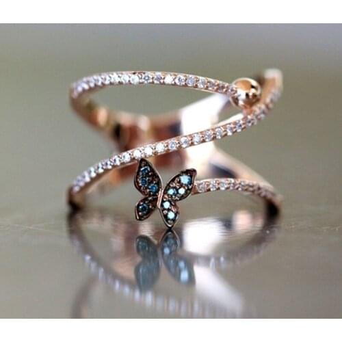 Hainon Fashion Luxury Blue White Crystal Butterfly Rings Rhinestone Zirconia Wedding Ring for Women Rose Gold Color Gift Jewelry