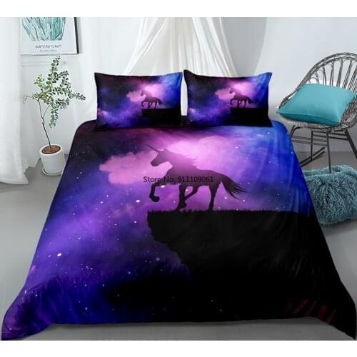 Purple Dream Galaxy Unicorn Bedding Set Kids Girls Duvet Cover 3 Piece Purple Sparkly Unicorn Bedspread Single Size 2-3 Pieces