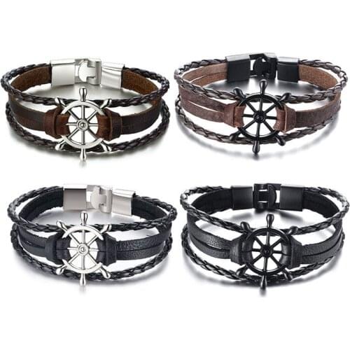 Handmade Retro Rudder/Card/Key/Bicycle/Infinite Love/Wing Leather Bracelet Vintage Multi-layer Braided Bangles for Men