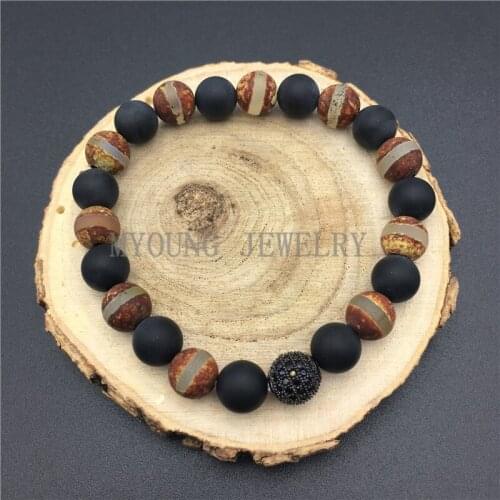 MY0811 Round Black Agates Beads Bracelet Micro Pave CZ Ball Beads Onyx DZI Beads Bracelets