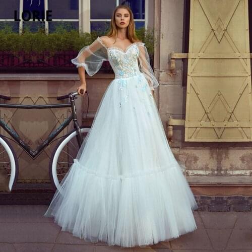 LORIE Lush Pale Princess Wedding dress with Corset Wrinkled Sweetheart Appliques Blue Flowers Sheer Sleeves Boho Bridal Gown