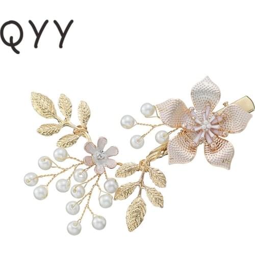 QYY Fashion Flower Crystal Pearl Wedding Hair Pins for Women Leaf Shaped Wedding Hairpin Newest Wedding Hair Clips Jewelry Gifts