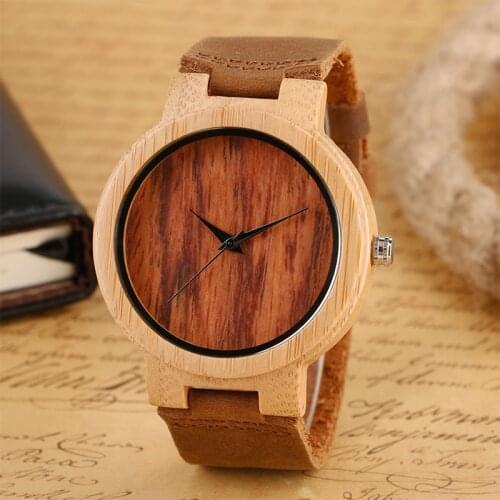 Vintage Wood Watch Brown Natural Bamboo Wooden Wrist Watch Mens Analog Clock With Genuine Leather Strap Reloj de madera