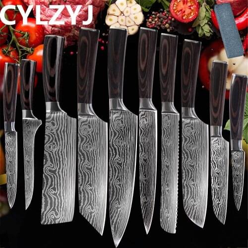 Kitchen Knives set 1-10PCS Chef knife High Carbon Stainless Steel Santoku knife Sharp Cleaver Slicing Damascus Veins Knife Set