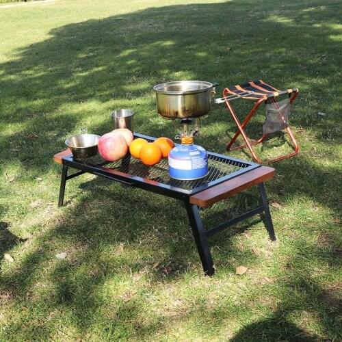 Portable Outdoor Folding Camp Fire Grill Outdoor Barbecue Table with Wooden Board Camping Rack Camp Stove Camping Accessories