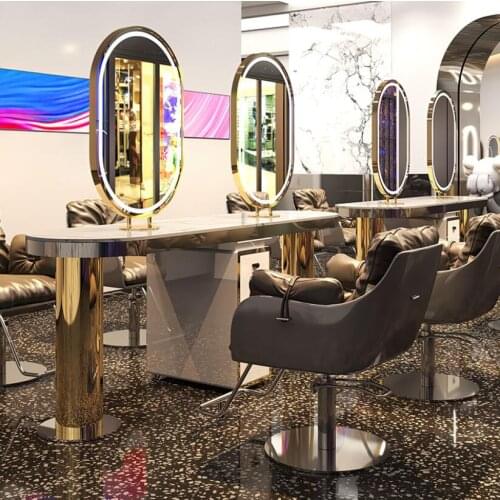 Salon Barber Shop Marble Mirror Double Side Stainless Steel Hairdressing Mirror Hair Perm with LED Light