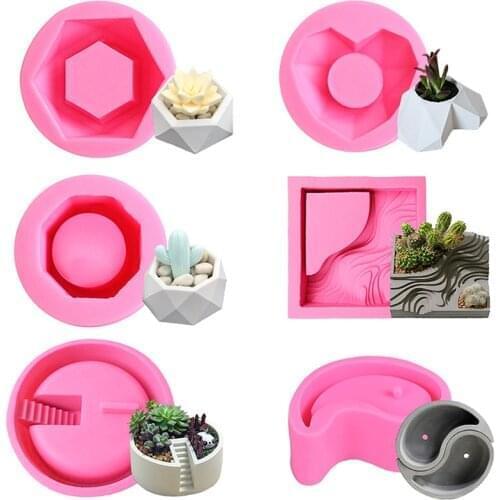 Hexagon Flowerpot Concrete Silicone Mold For Fleshy Plants DIY Crafts Cement Clay Mold Round Container Plaster Mold Candle Mould