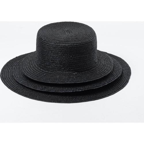 Lady Fashion Black Wheat Boater Straw Hat Out Flat Top Cap Fedora 5 - 7cm 10cm Brim Wide Natural Grass Sun Bowler Hat