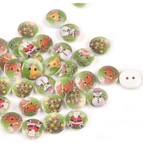 Random Mixed Painted Christmas Pattern Wooden Buttons For Clothing DIY Crafts Scrapbooking Apparel Decorative 50pcs 15mm M0405