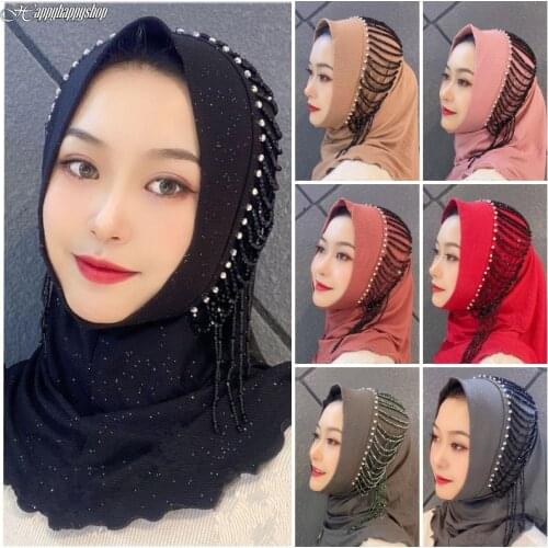 Hijabs Muslim Islamic Scarf for Women Rhinestone Beaded Instant Turban Cap Party Underscarf Ladies Bonnet Shawls Arab Headwrap