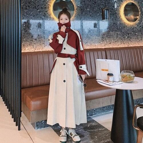 Womens Contrasting Color Windbreaker British Style 2021spring Autumn New Korean Loose Lapel Double-breasted Fashion Long Coat6E