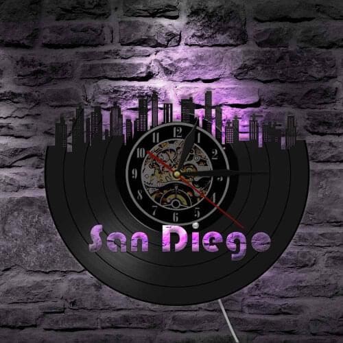 San Diego Cityscape USA Vinyl Record Wall Clock Port City of California Vintage Skyline Decorative Color Changing LED Wall Light