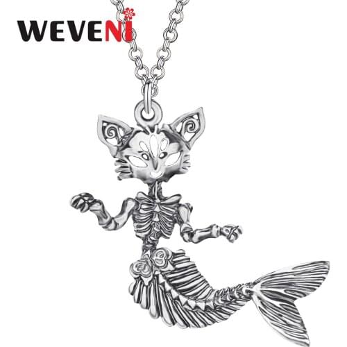 WEVENI Halloween Alloy Antique Gold Plated Skeleton Fish Necklace Skull Pendant Jewelry For Women Girls Birthday Gift Decoration