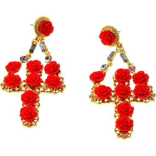 Baroque Jewelry Bridal Large Gold Cross Long Drop Earrings For Women Brand Flower Crystals Dangle Earring