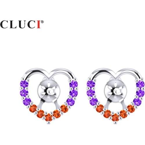 CLUCI 925 Sterling Silver Stud Earrings for Women Pearl Earrings Mounting for Jewelry Red Zircon Silver 925 Earrings SE093SB