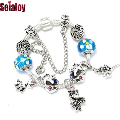 Seialoy New Heart Unicorn Bella Band Charm Bracelets For Women Original Blue Crystal Mushroom Beaded Bracelet & Bangle Jewelry