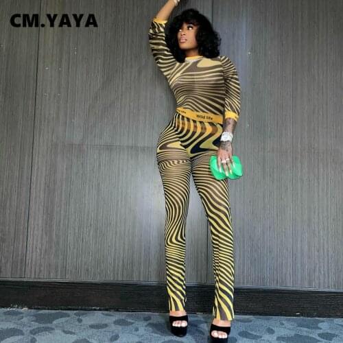 CM.YAYA Women Set Striped Three Quarter Sleeve O-neck Slim Crop Tosp Skinny Pants Two 2 Piece Sets Fashion Outfit Tracksuit Fall