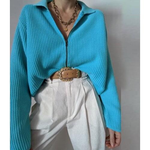 Sweater women 2021 Retro lake blue polo collar knitted cardigan women loose vintage sweater Sweaters ladies Long Sleeve T-Shirt