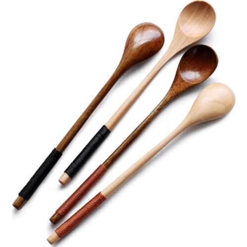 6Pcs/Set Handmade Wooden Creative Long Teaspoons Japanese Style Dessert Spoon Honey Coffee Mixing Spoons Kitchen Tableware