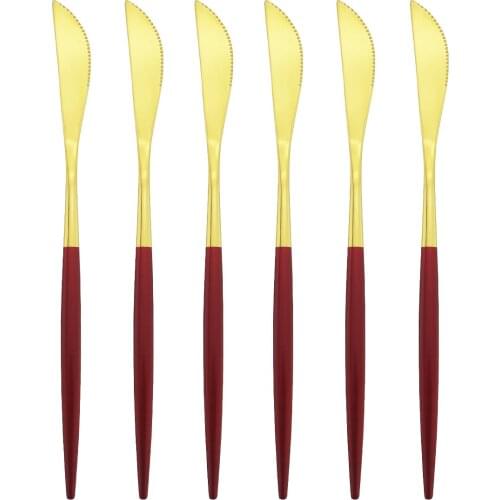 6Pcs/Set Stainless Steel Dinner Knives Set Red Gold Cutlery Set Western Steak Knives Tableware Set Kitchen Party Silverware Set